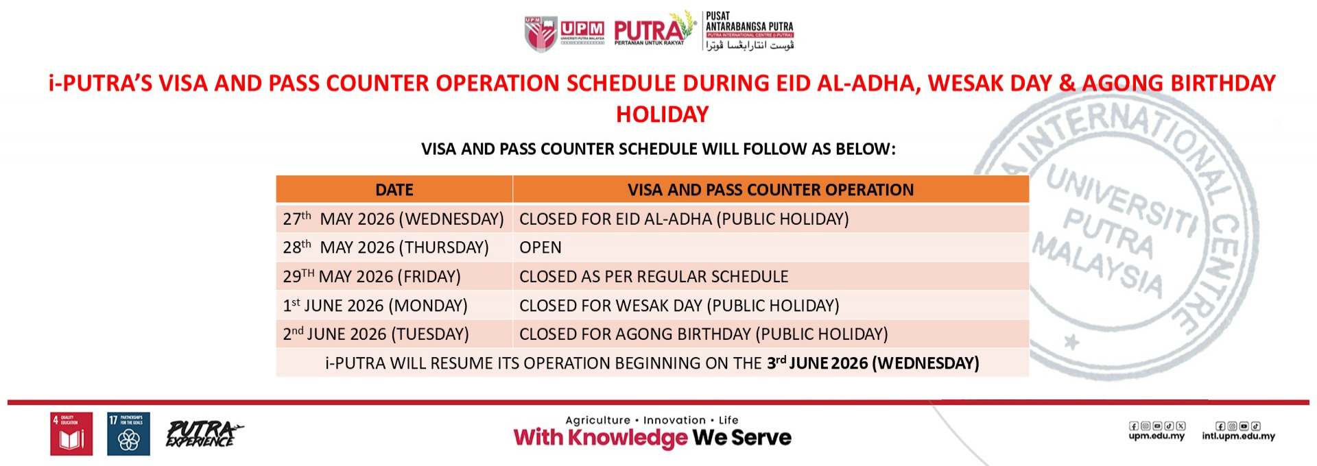 VISA AND PASS COUNTER OPERATION ON AIDIL ADHA 2026